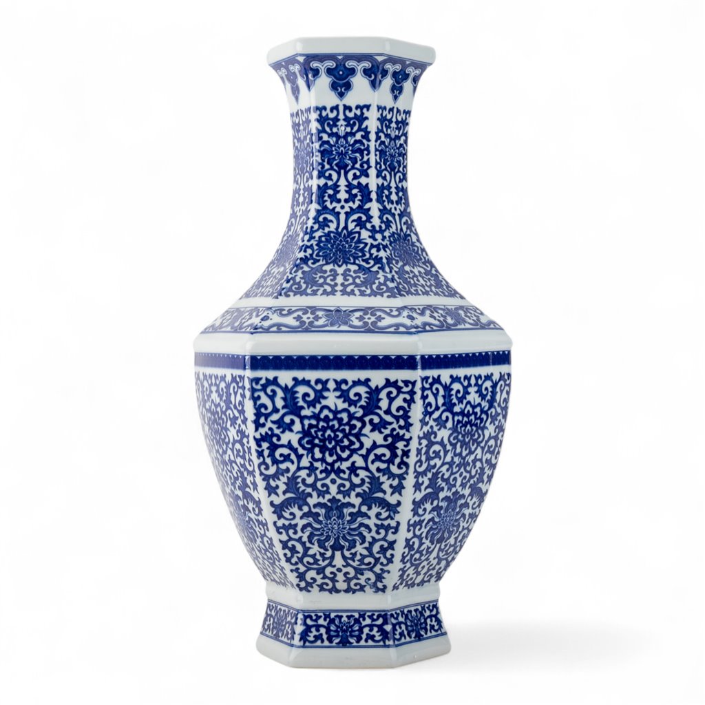 Danny's Fine Porcelain Hexagonal Vase with Intricate Blue & White Filigree Pattern. Elegant