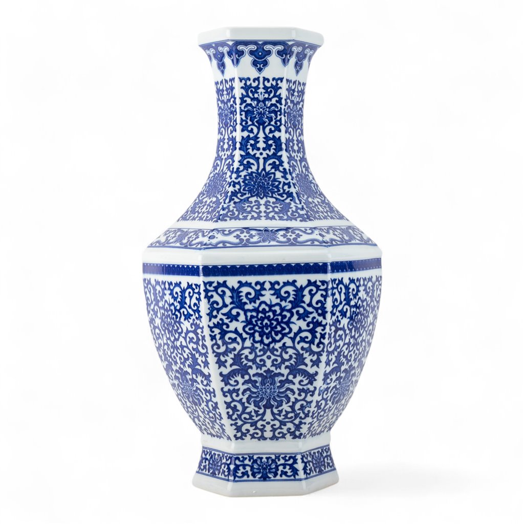 Danny's Fine Porcelain Hexagonal Vase with Intricate Blue & White Filigree Pattern. Elegant