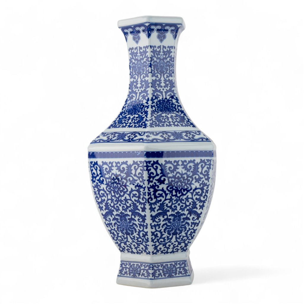 Danny's Fine Porcelain Hexagonal Vase with Intricate Blue & White Filigree Pattern. Elegant