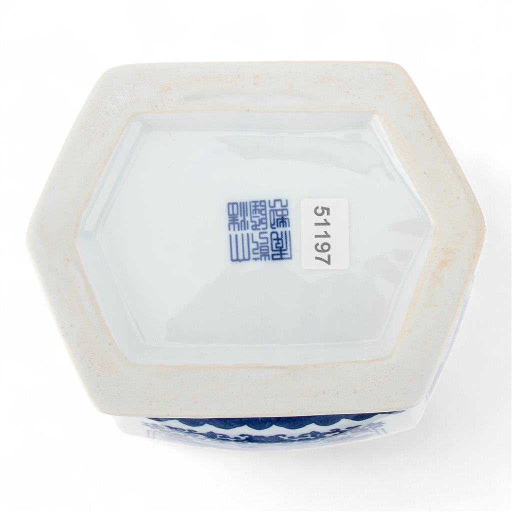 Danny's Fine Porcelain Hexagonal Vase Featuring Classic Blue & White Panels of Birds