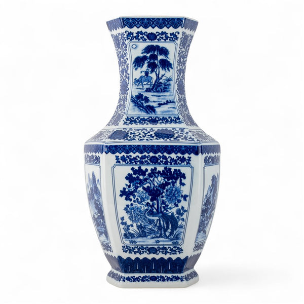 Danny's Fine Porcelain Hexagonal Vase Featuring Classic Blue & White Panels of Birds