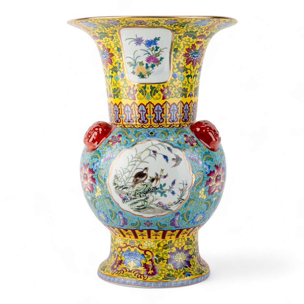 Danny's Fine Porcelain Flaring Vase with Vibrant Blue and Yellow Floral Pattern