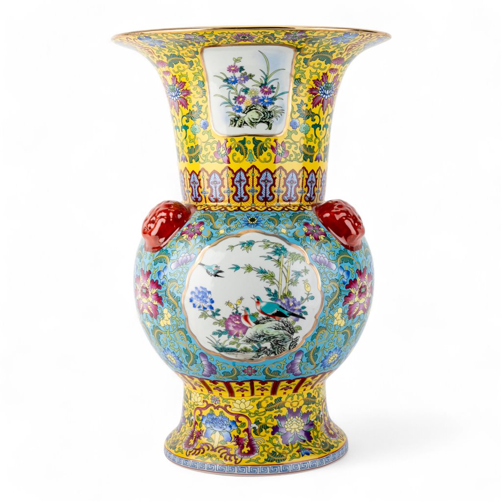 Danny's Fine Porcelain Flaring Vase with Vibrant Blue and Yellow Floral Pattern