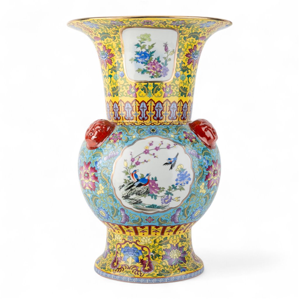 Danny's Fine Porcelain Flaring Vase with Vibrant Blue and Yellow Floral Pattern