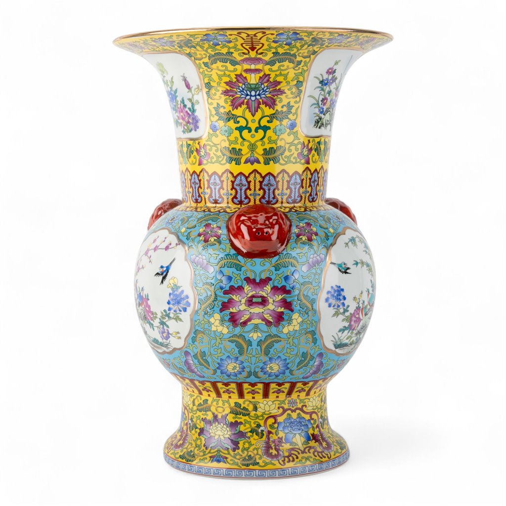 Danny's Fine Porcelain Flaring Vase with Vibrant Blue and Yellow Floral Pattern