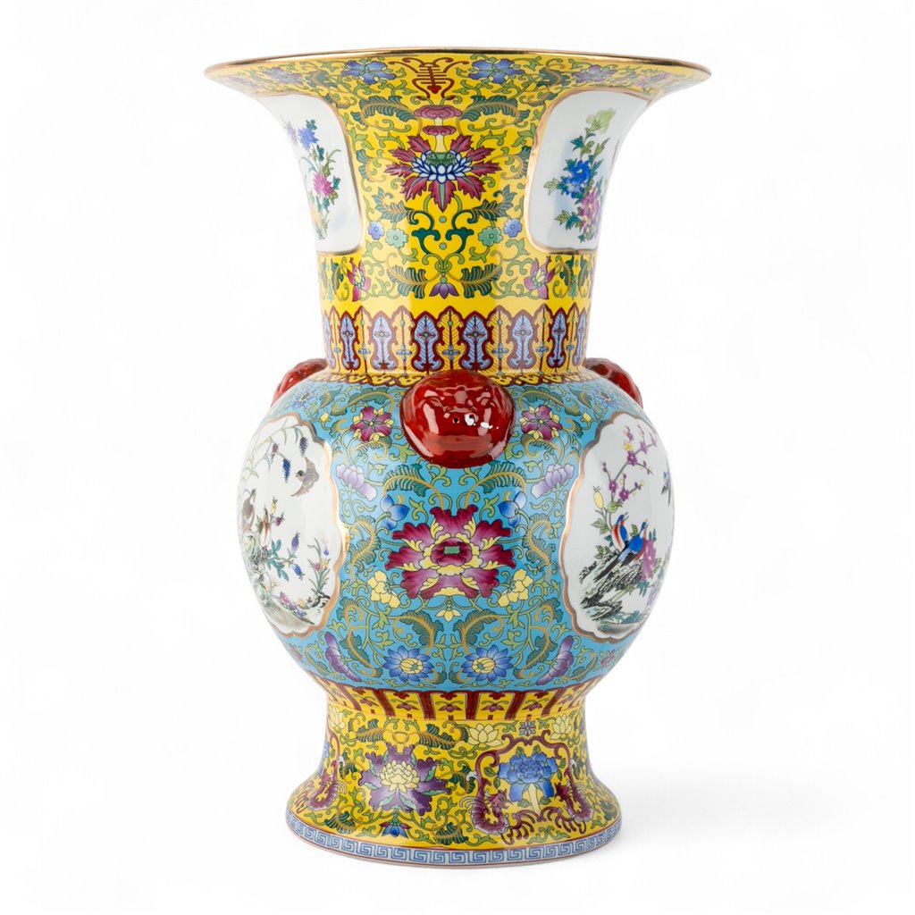 Danny's Fine Porcelain Flaring Vase with Vibrant Blue and Yellow Floral Pattern