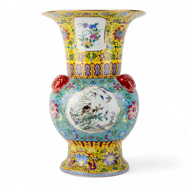 Danny's Fine Porcelain Flaring Vase with Vibrant Blue and Yellow Floral Pattern