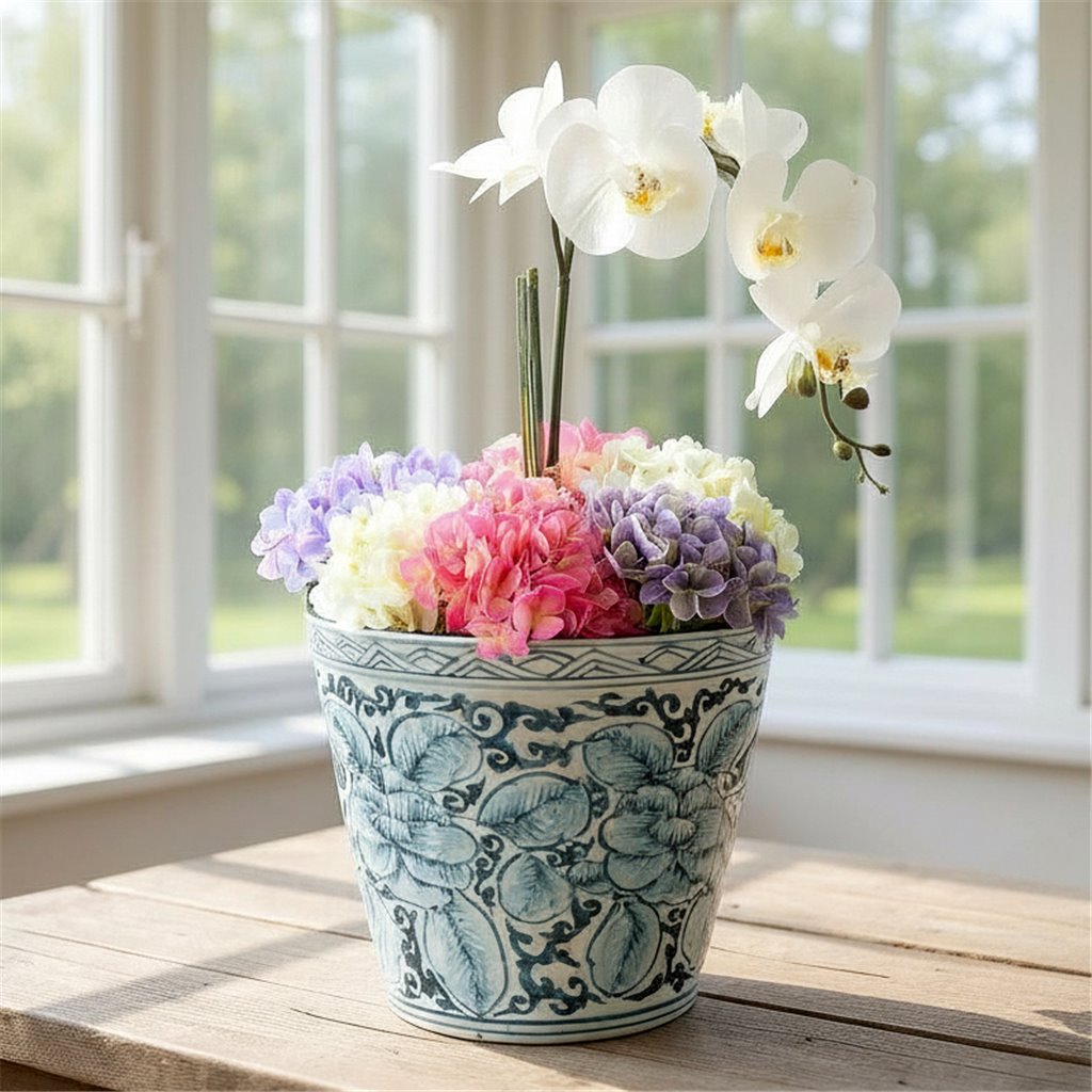 Danny's Fine Porcelain Antique Finish Pot-Blue Flower and Leaf