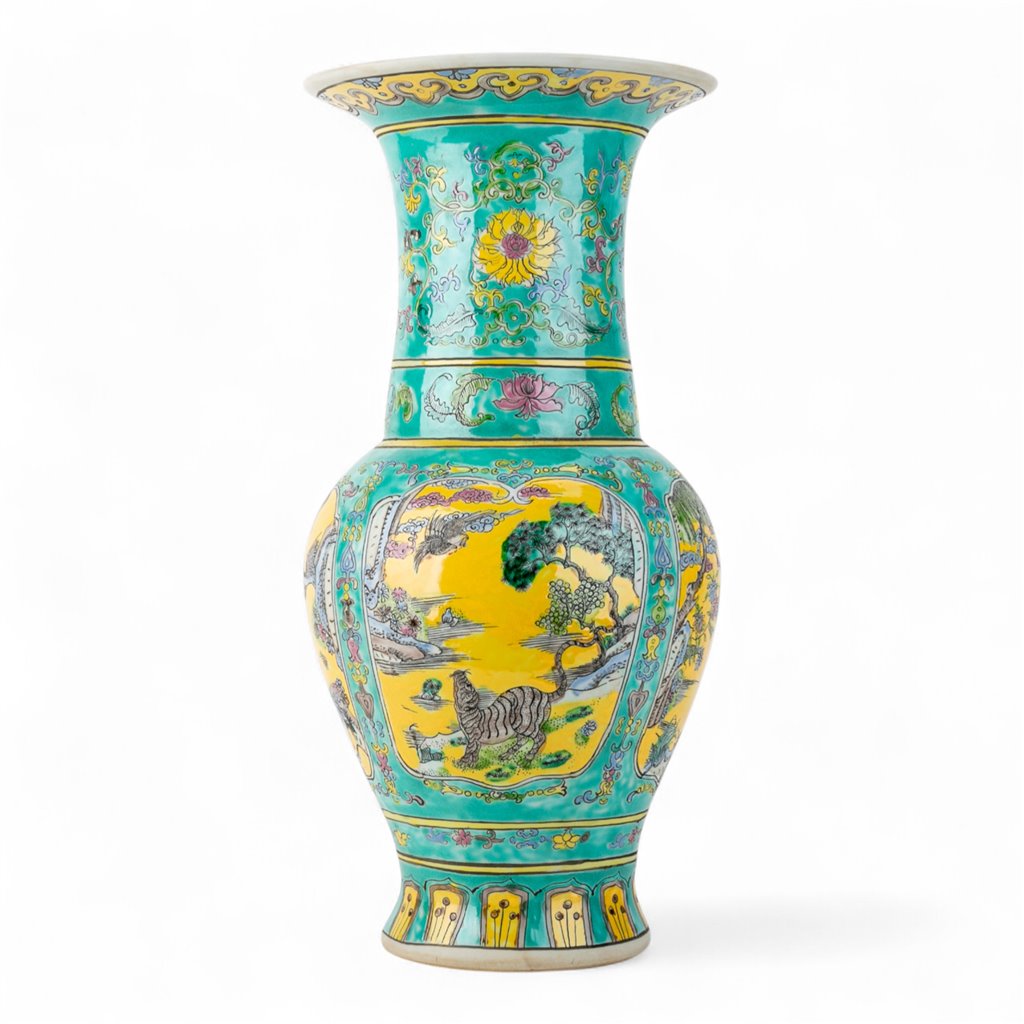 Danny's Fine Porcelain Green Vase – Floral & Crane Motif
