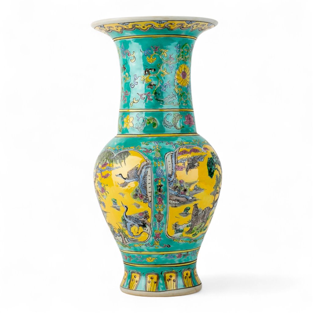 Danny's Fine Porcelain Green Vase – Floral & Crane Motif