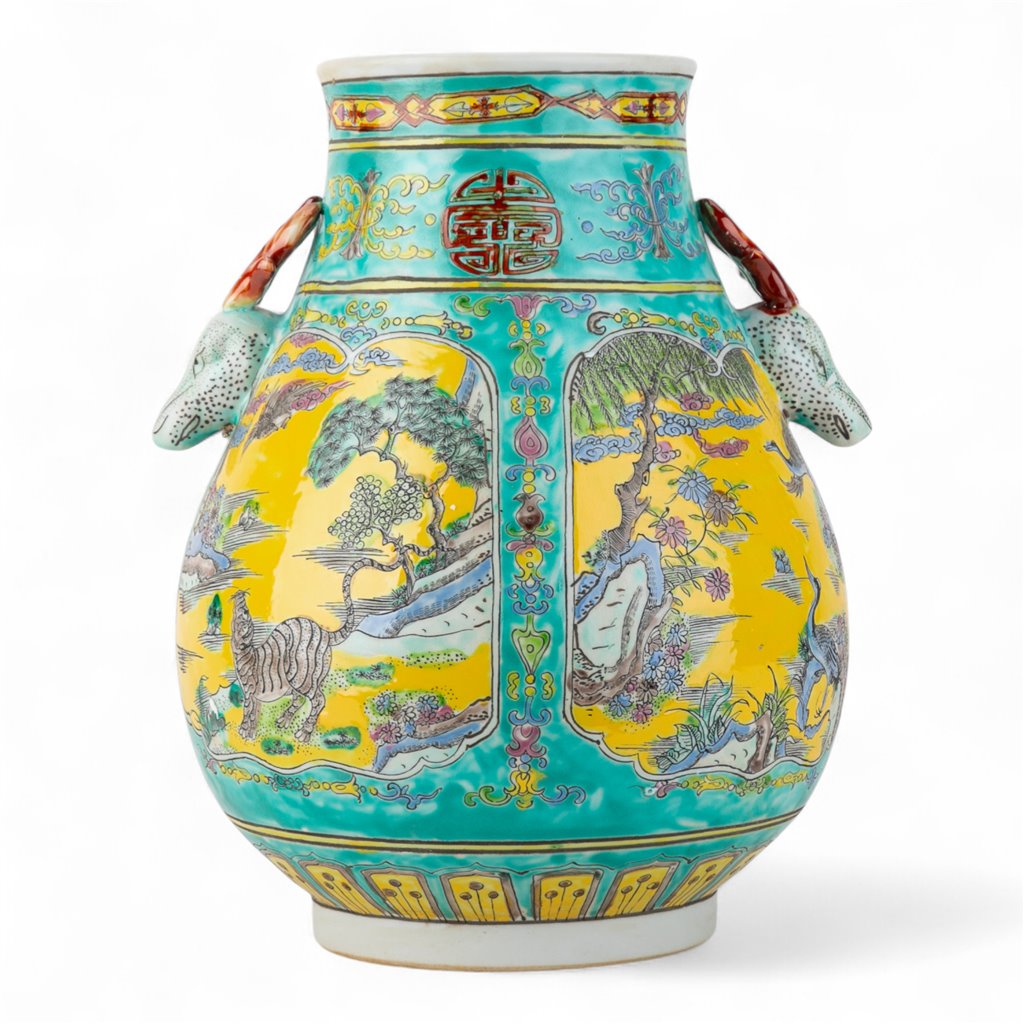 Danny's Fine Porcelain Green Round Vase – Tiger & Crane & Deer Motif