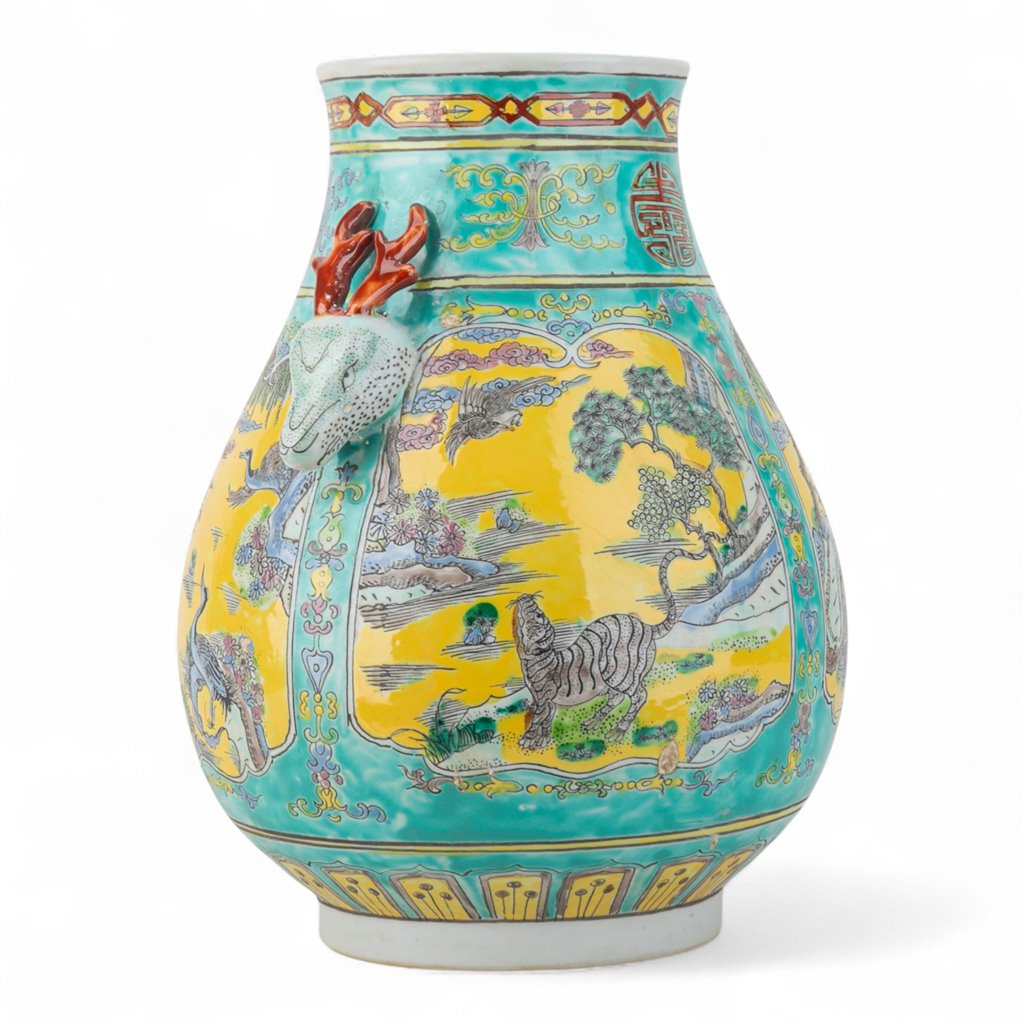 Danny's Fine Porcelain Green Round Vase – Tiger & Crane & Deer Motif