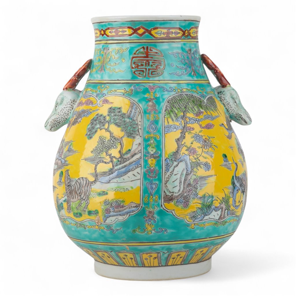 Danny's Fine Porcelain Green Round Vase – Tiger & Crane & Deer Motif