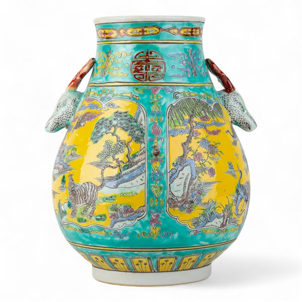 Danny's Fine Porcelain Green Round Vase – Tiger & Crane & Deer Motif