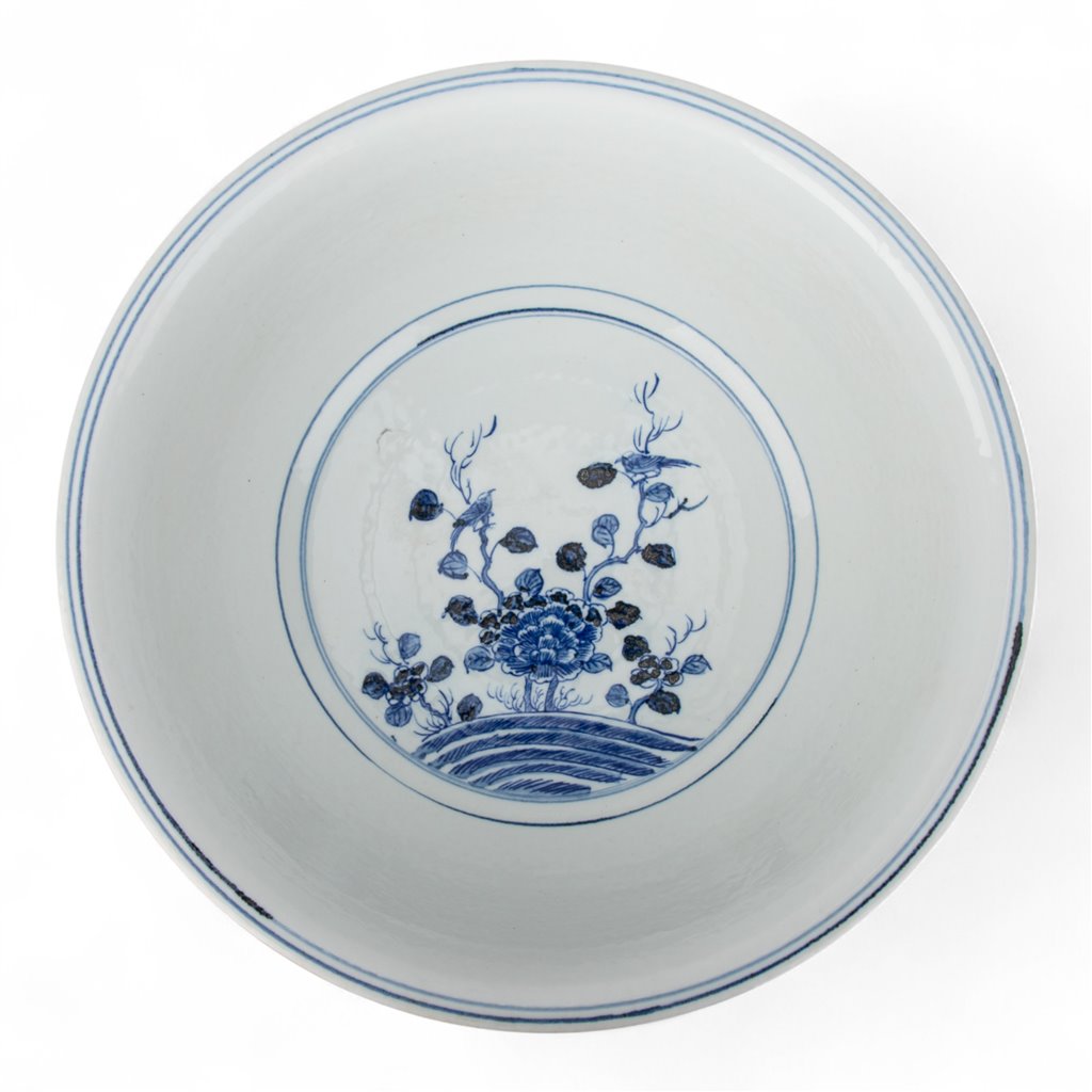 Danny's Fine Porcelain Blue & White Round Basin – Bird & Floral Motif