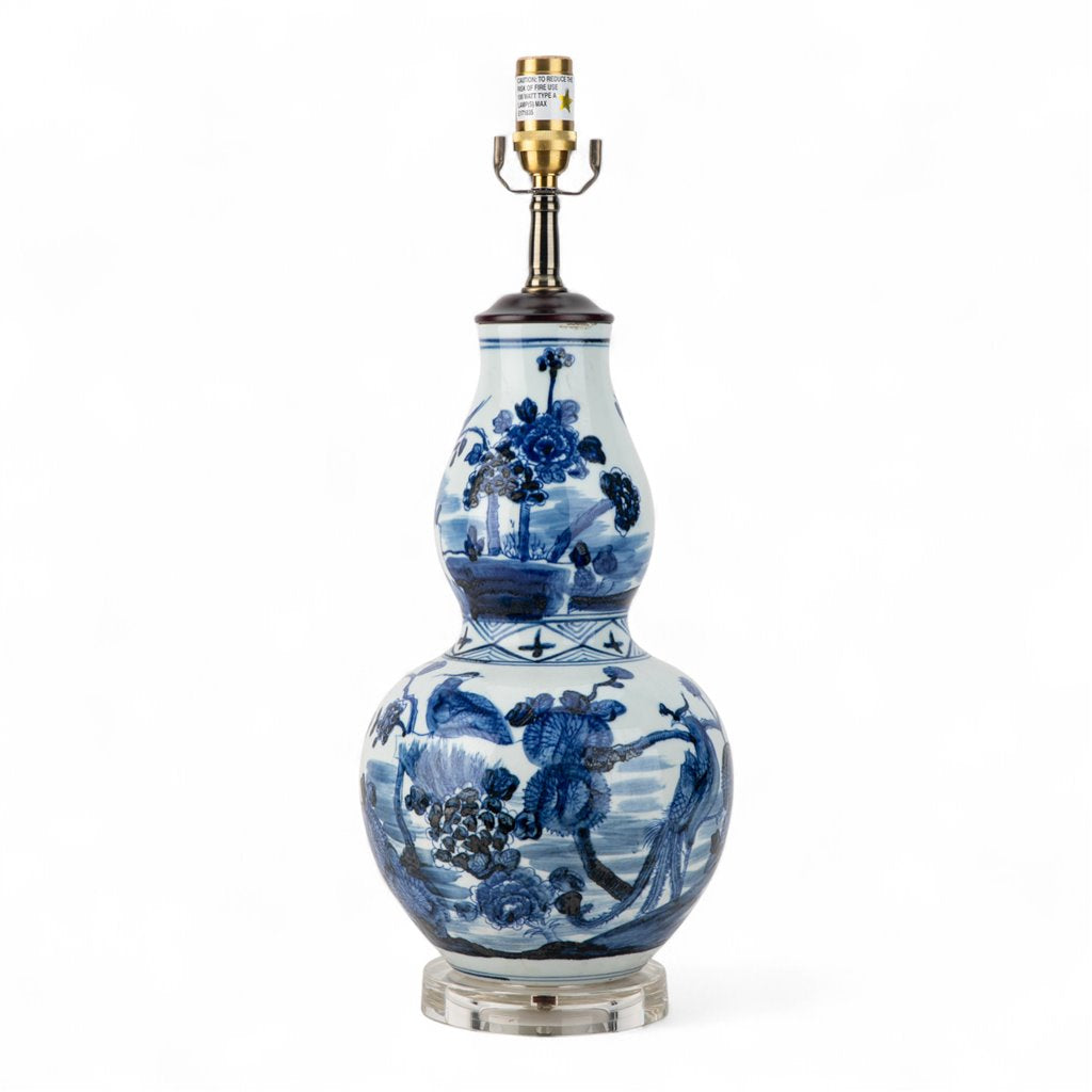Danny's Fine Porcelain Blue & White Porcelain Double-Gourd Lamp – Bird & Floral Motif