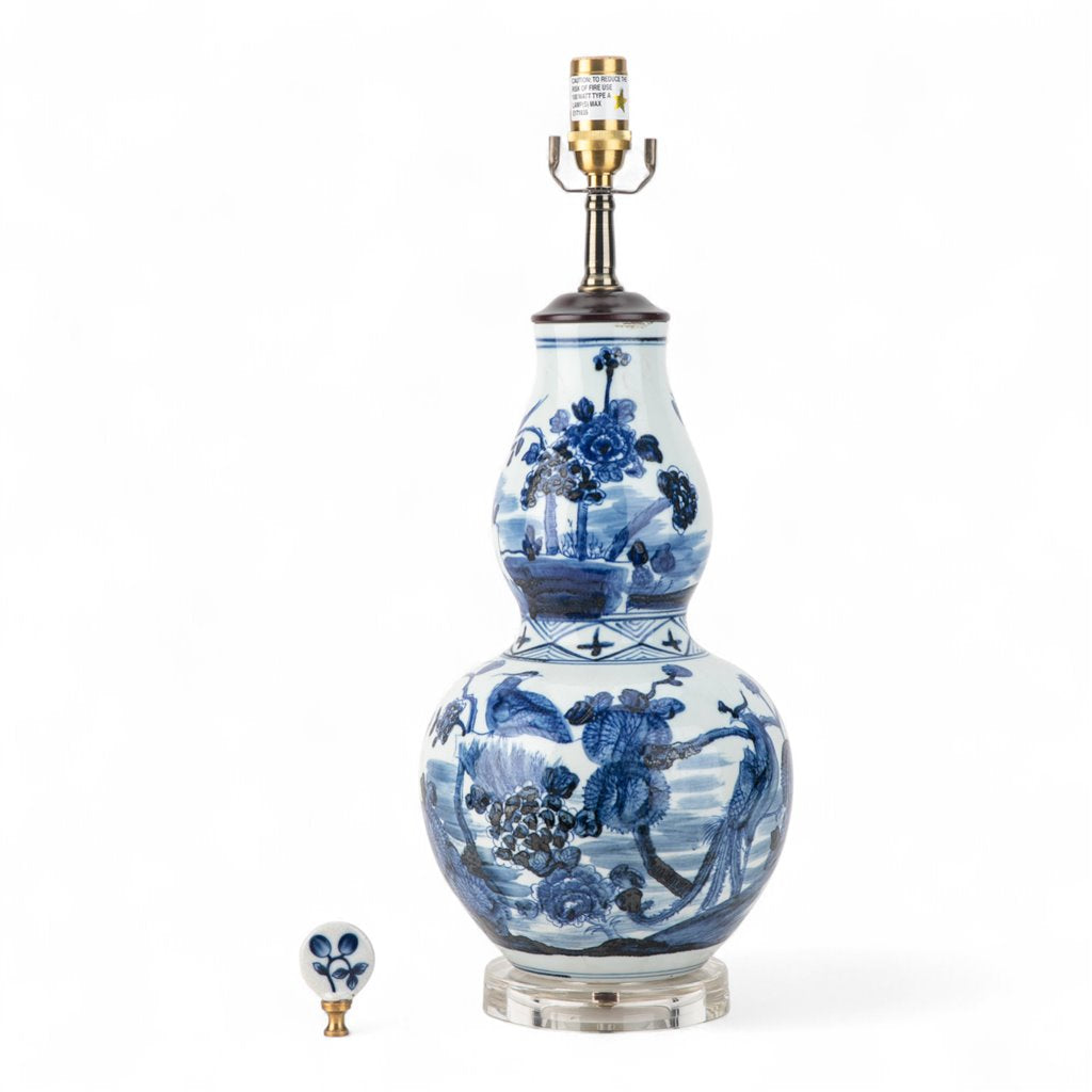 Danny's Fine Porcelain Blue & White Porcelain Double-Gourd Lamp – Bird & Floral Motif
