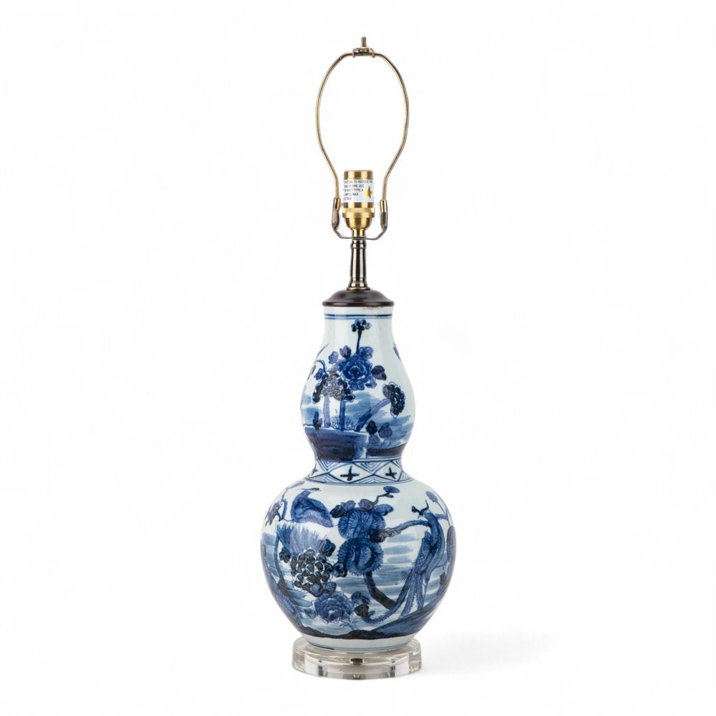 Danny's Fine Porcelain Blue & White Porcelain Double-Gourd Lamp – Bird & Floral Motif