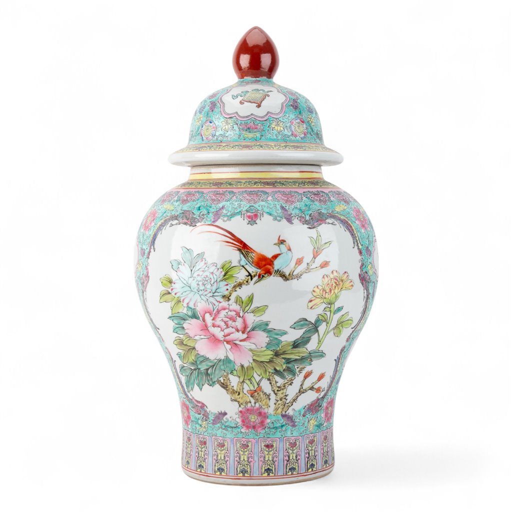 Danny's Fine Porcelain Lidded Jar with Vivid Green Ground and Colorful Floral Design.