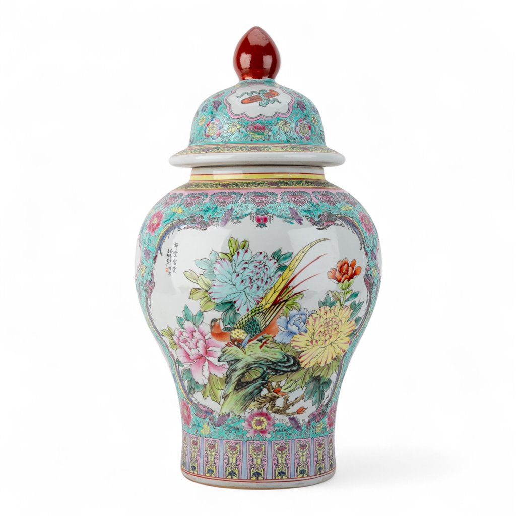 Danny's Fine Porcelain Lidded Jar with Vivid Green Ground and Colorful Floral Design.