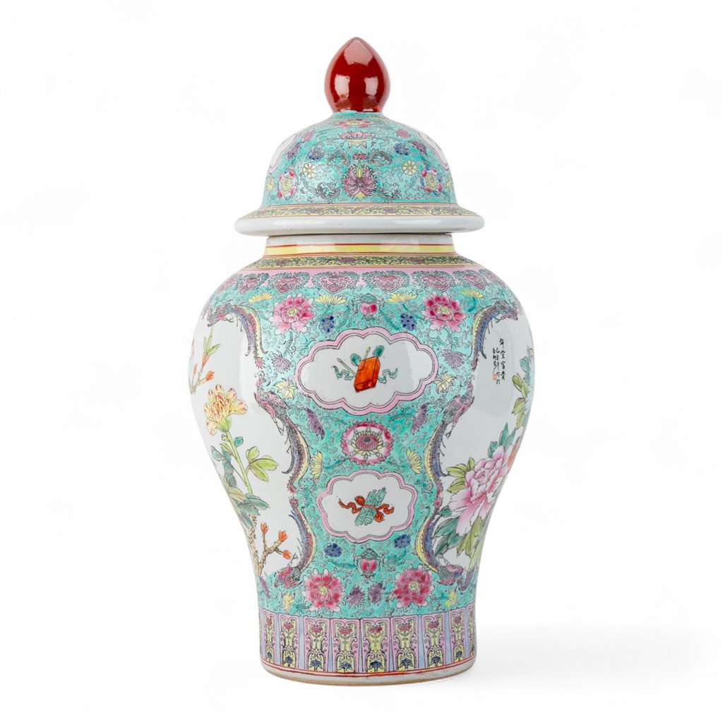 Danny's Fine Porcelain Lidded Jar with Vivid Green Ground and Colorful Floral Design.