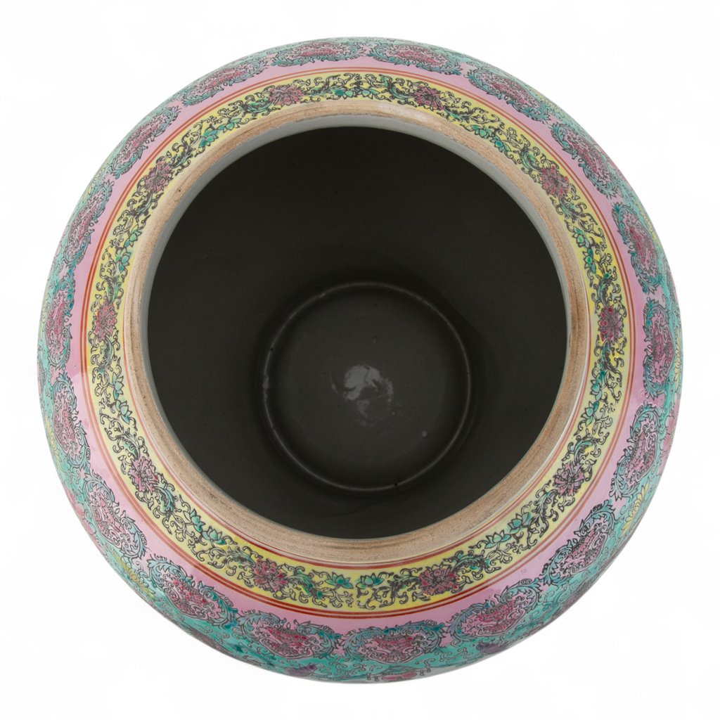Danny's Fine Porcelain Lidded Jar with Vivid Green Ground and Colorful Floral Design.