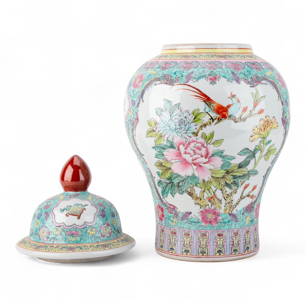 Danny's Fine Porcelain Lidded Jar with Vivid Green Ground and Colorful Floral Design.