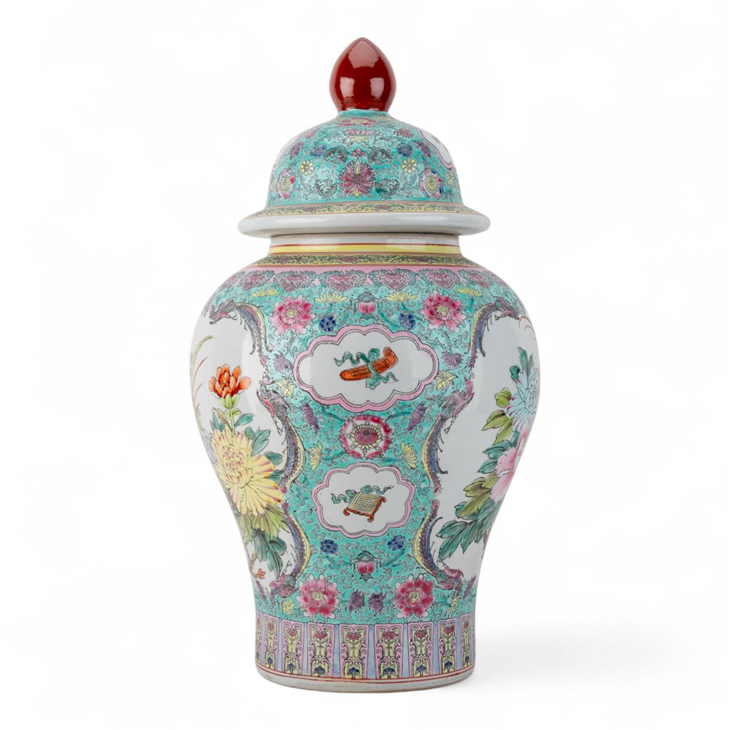 Danny's Fine Porcelain Lidded Jar with Vivid Green Ground and Colorful Floral Design.