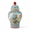 Danny's Fine Porcelain Lidded Jar with Vivid Green Ground and Colorful Floral Design.