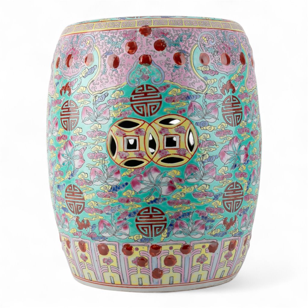 Danny's Fine Porcelain Green Porcelain Round Garden Stool – Floral & Longevity & Peach Motif