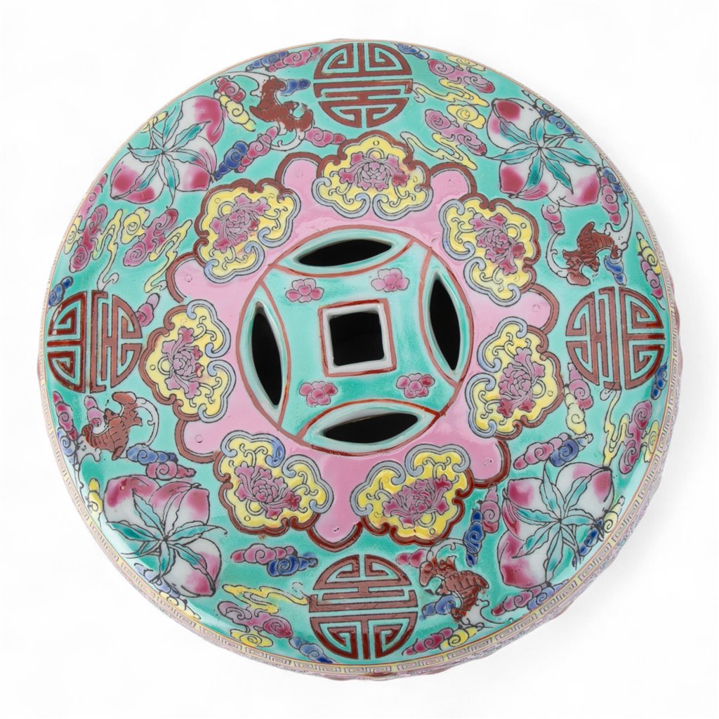 Danny's Fine Porcelain Green Porcelain Round Garden Stool – Floral & Longevity & Peach Motif