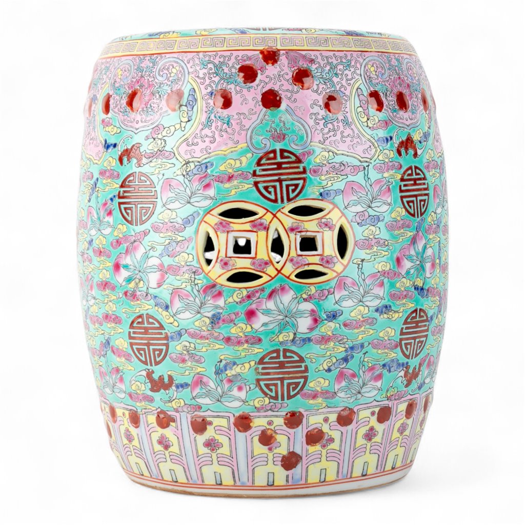 Danny's Fine Porcelain Green Porcelain Round Garden Stool – Floral & Longevity & Peach Motif