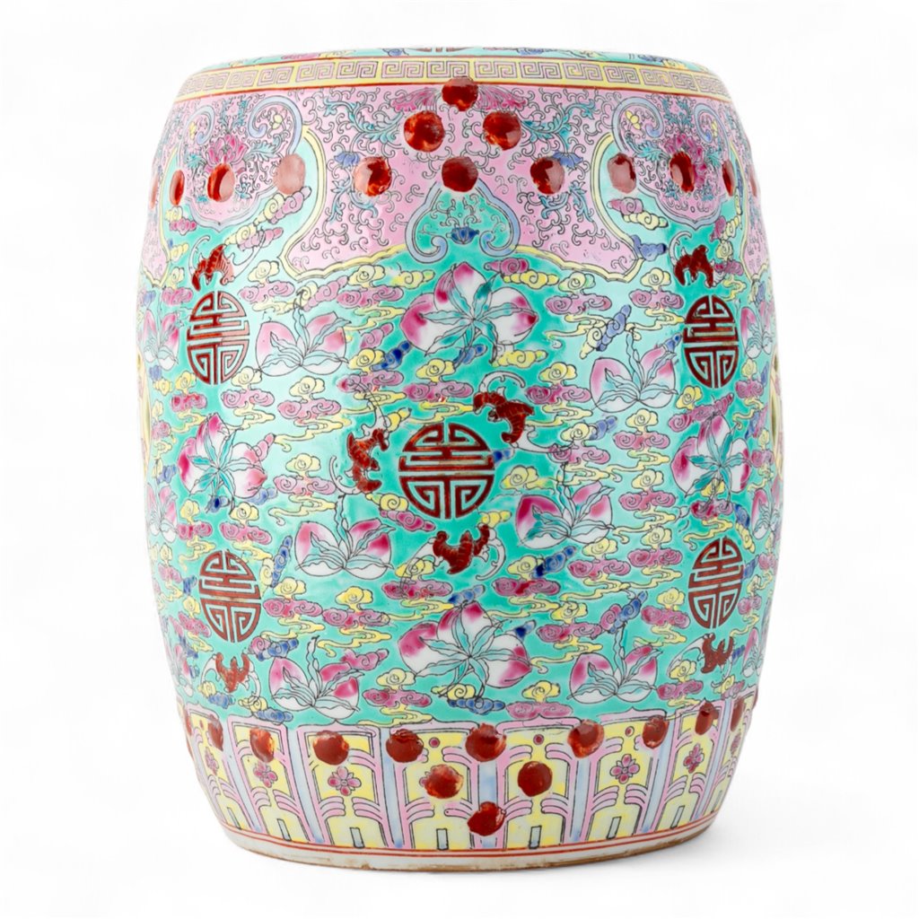 Danny's Fine Porcelain Green Porcelain Round Garden Stool – Floral & Longevity & Peach Motif