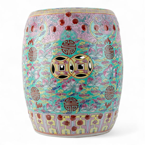 Danny's Fine Porcelain Green Porcelain Round Garden Stool – Floral & Longevity & Peach Motif