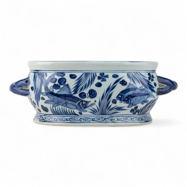 Danny's Fine Porcelain Blue & White Porcelain Oval Decorative Accent – Fish Motif