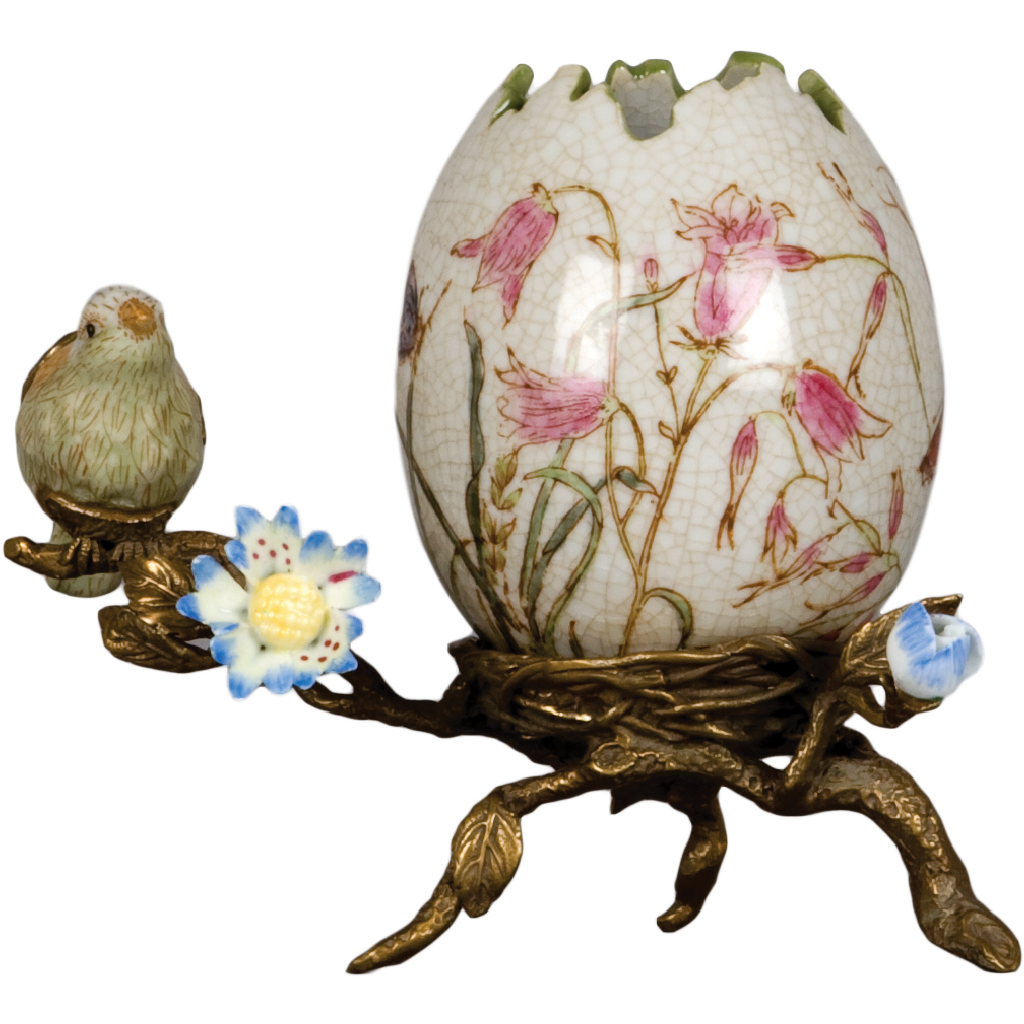 Danny's Fine Porcelain Floral & Bird Pattern Egg Shell Shaped Vase with Bronze Ormolu in