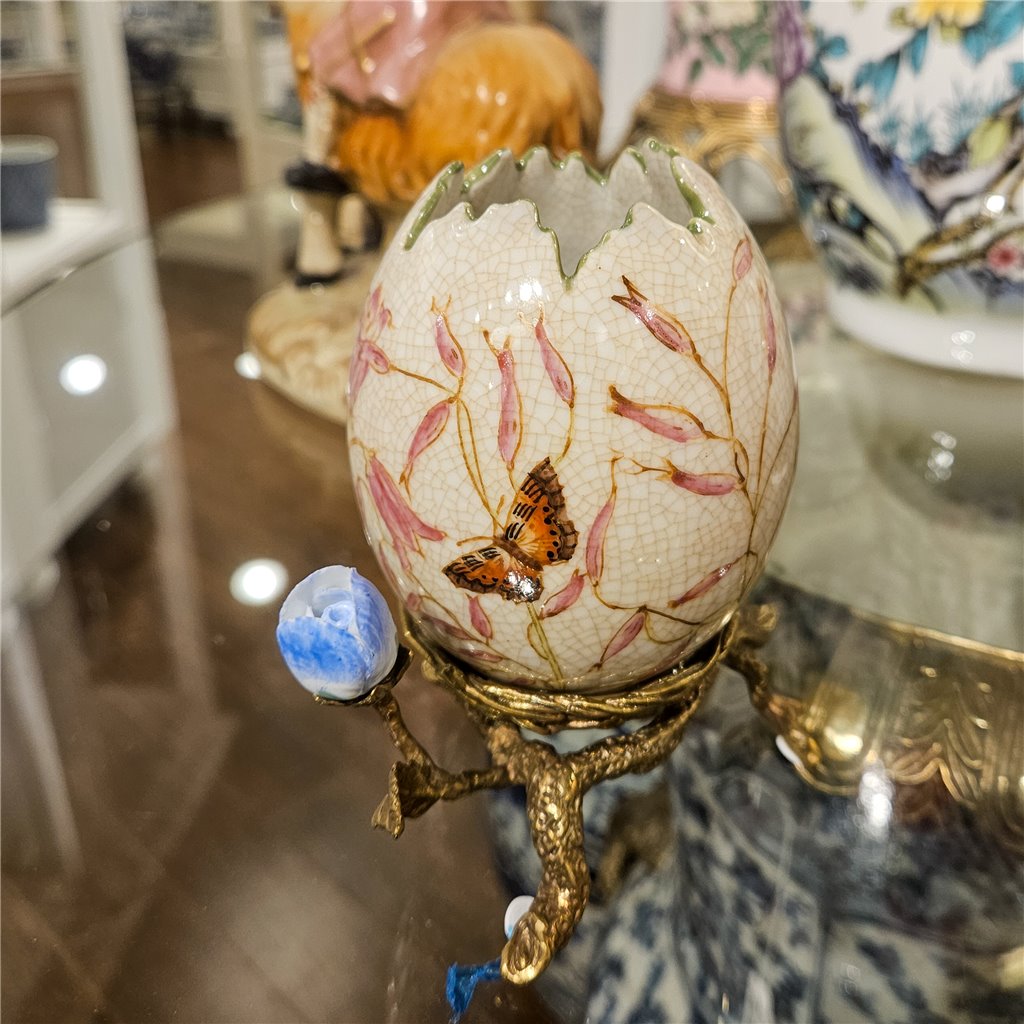 Danny's Fine Porcelain Floral & Bird Pattern Egg Shell Shaped Vase with Bronze Ormolu in