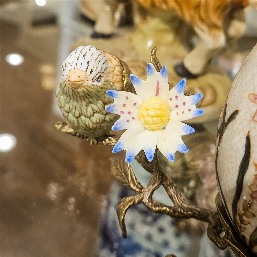 Danny's Fine Porcelain Floral & Bird Pattern Egg Shell Shaped Vase with Bronze Ormolu in