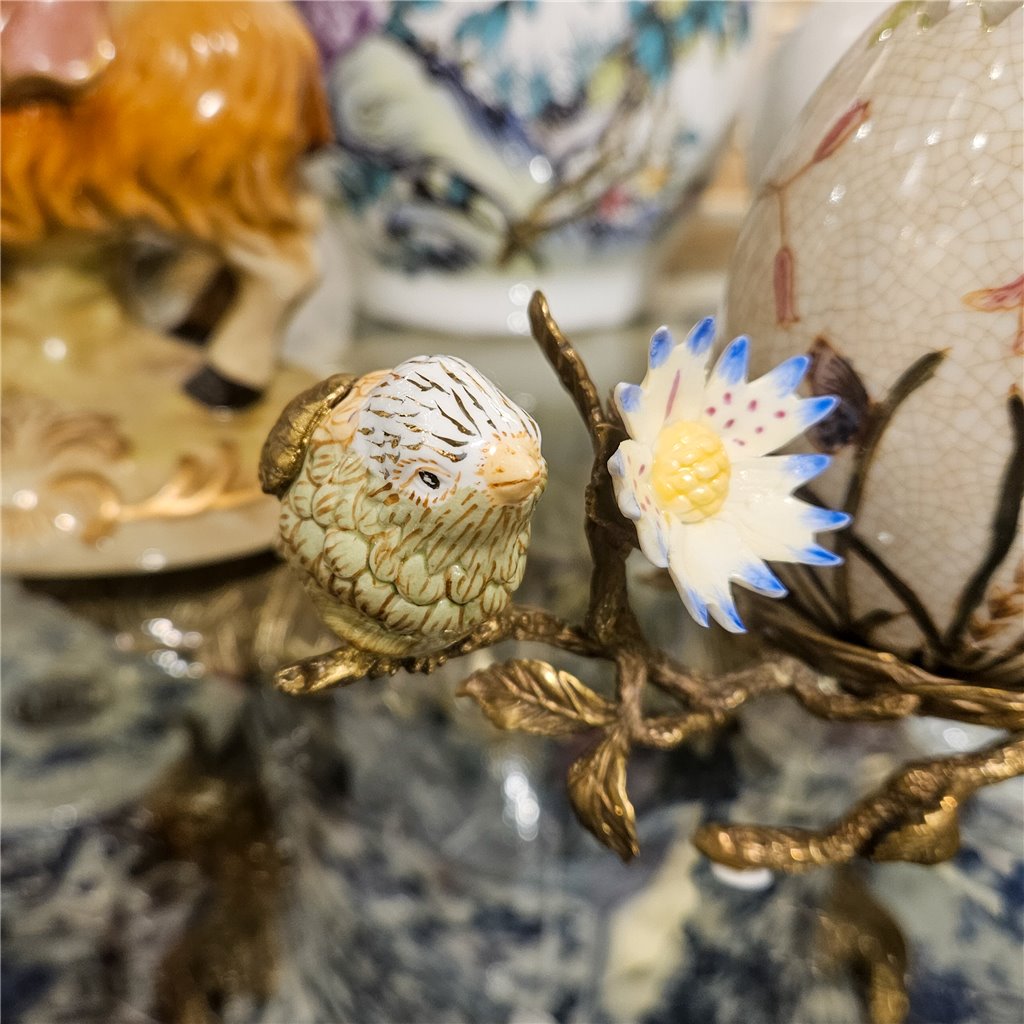 Danny's Fine Porcelain Floral & Bird Pattern Egg Shell Shaped Vase with Bronze Ormolu in