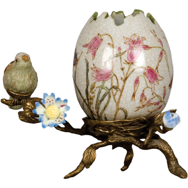 Danny's Fine Porcelain Floral & Bird Pattern Egg Shell Shaped Vase with Bronze Ormolu in