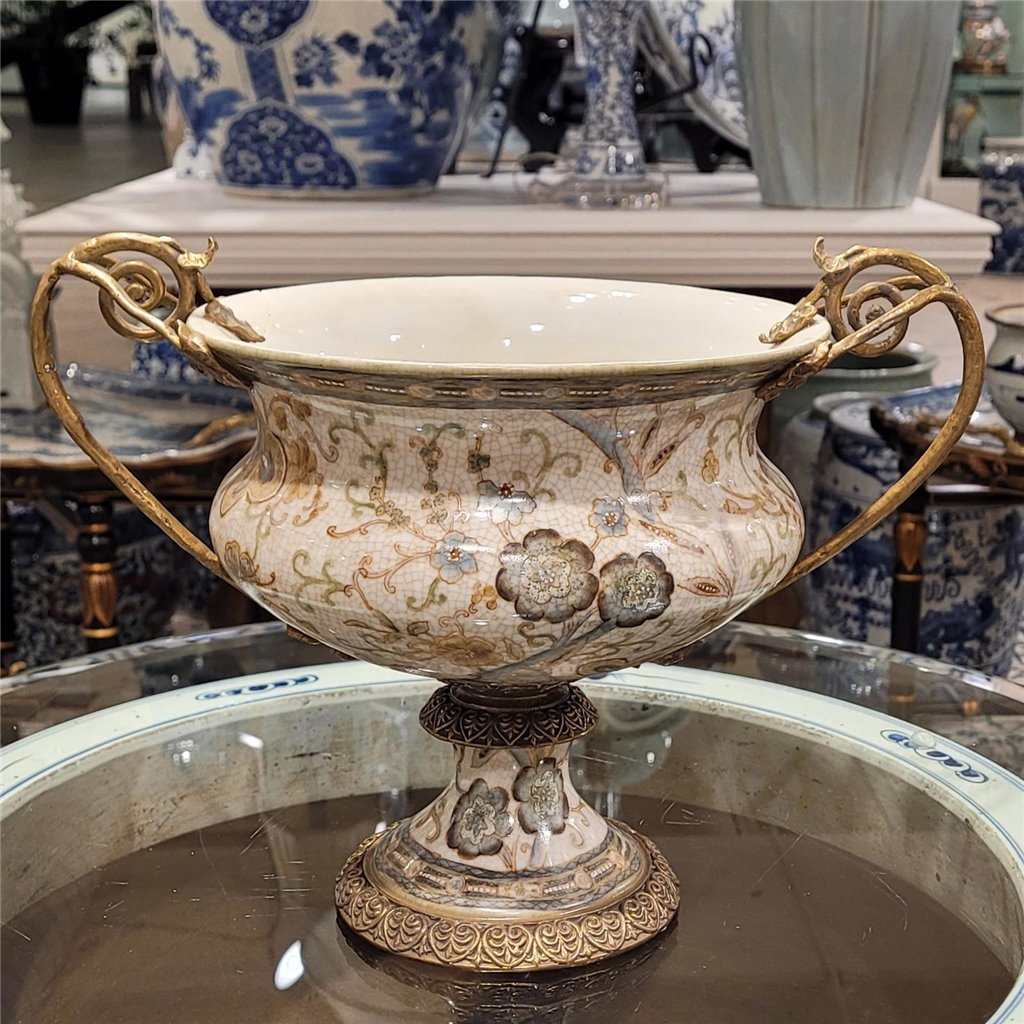Danny's Fine Porcelain Floral Pattern Round Basin with Bronze Ormolu in Twine Garden
