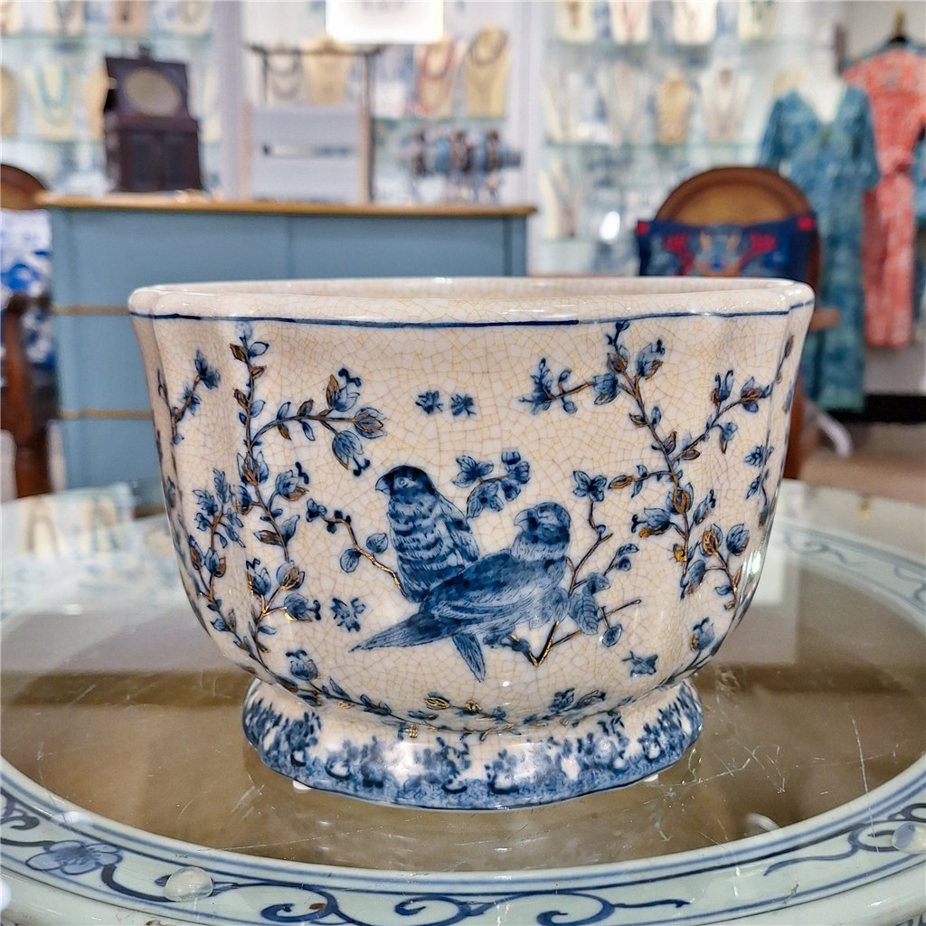 Danny's Fine Porcelain Blue & White Floral & Bird Pattern Round Scallop Planter Real Gold