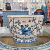Danny's Fine Porcelain Blue & White Floral & Bird Pattern Round Scallop Planter Real Gold