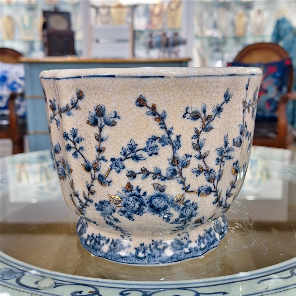 Danny's Fine Porcelain Blue & White Floral & Bird Pattern Round Scallop Planter Real Gold