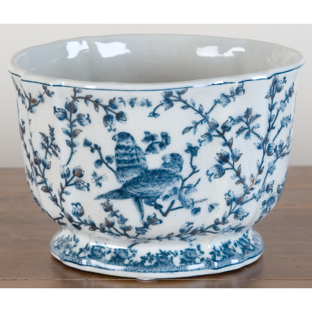 Danny's Fine Porcelain Blue & White Floral & Bird Pattern Round Scallop Planter Real Gold