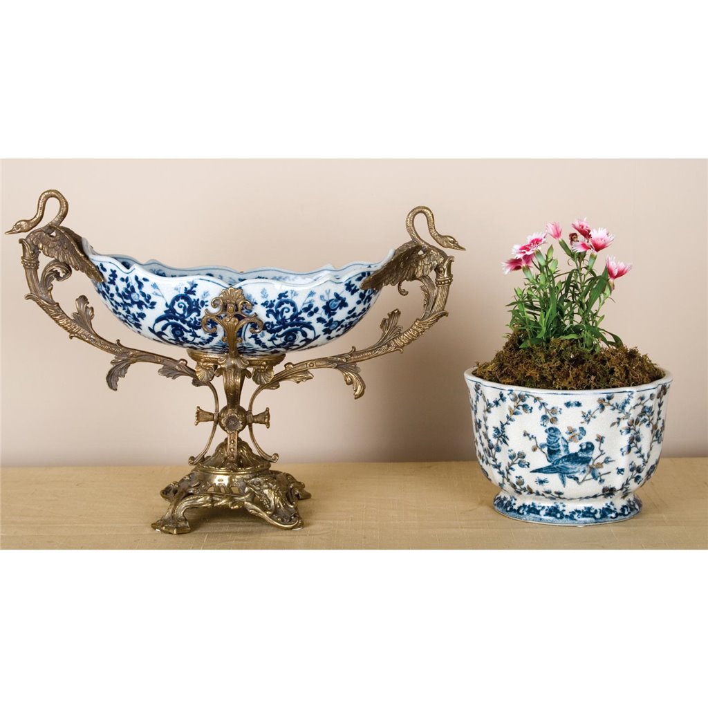Danny's Fine Porcelain Blue & White Floral & Bird Pattern Round Scallop Planter Real Gold