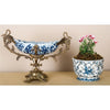 Danny's Fine Porcelain Blue & White Floral & Bird Pattern Round Scallop Planter Real Gold