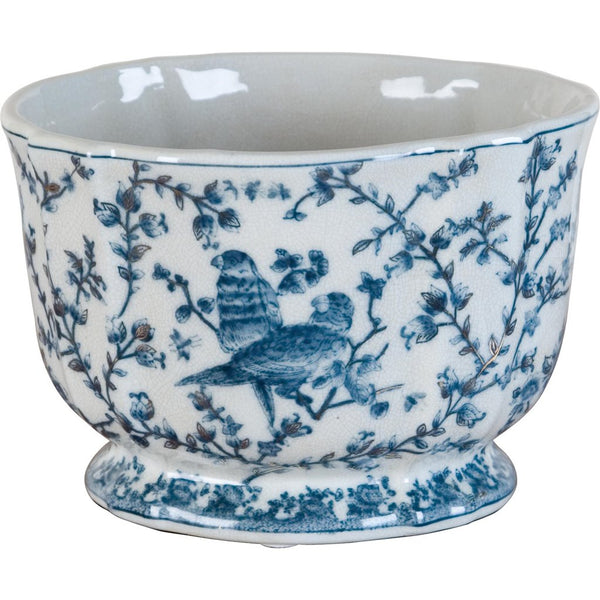 Danny's Fine Porcelain Blue & White Floral & Bird Pattern Round Scallop Planter Real Gold