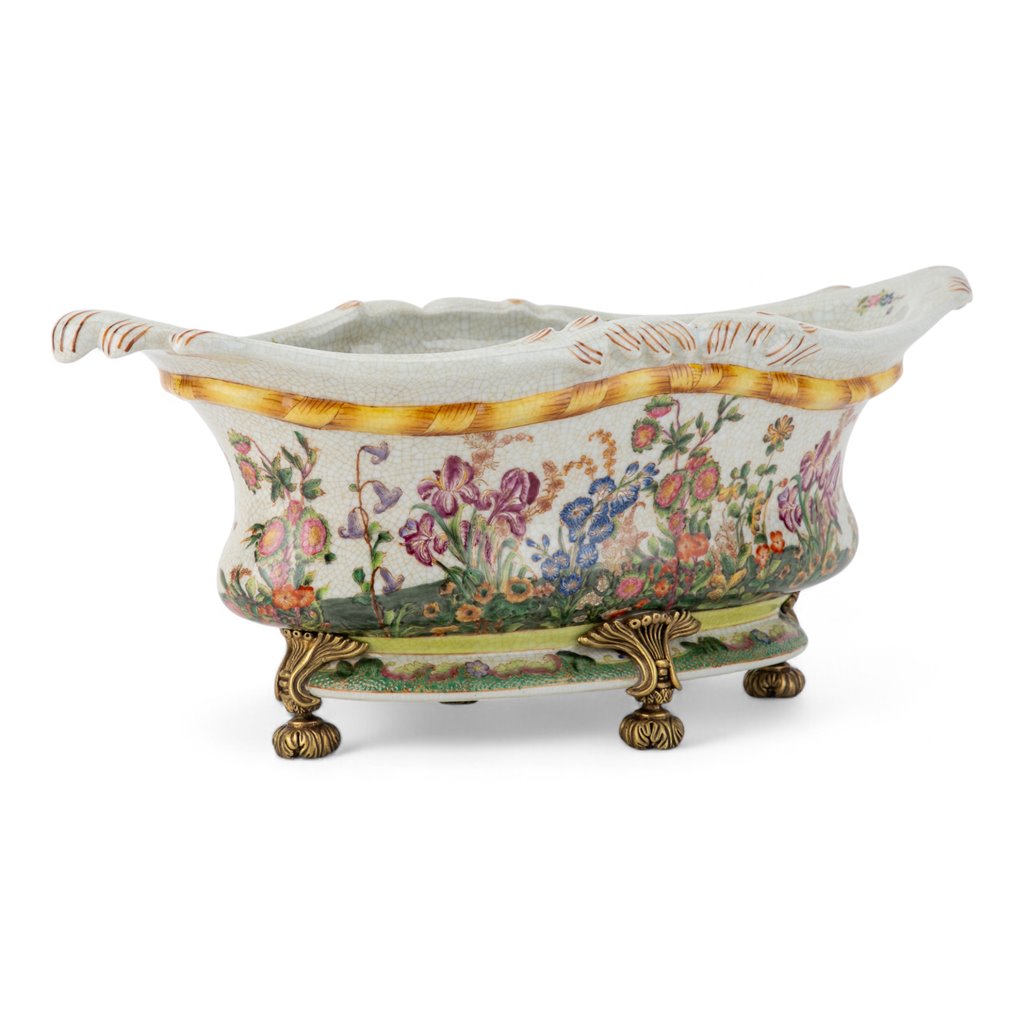 Danny's Fine Porcelain Oval Planter with Bronze Ormolu in Wild Breeze Collection