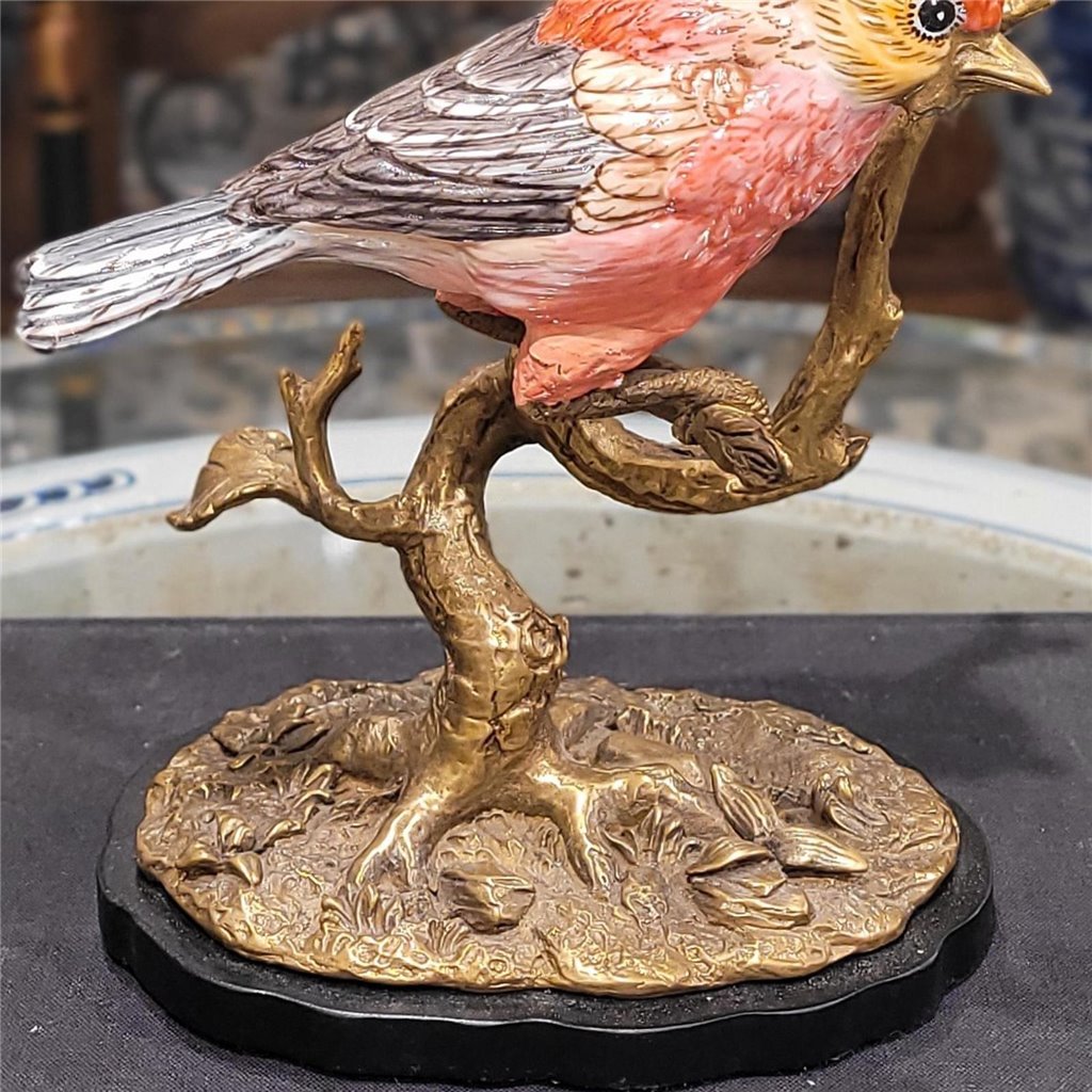 Danny's Fine Porcelain Purple Finch Bird Figureine with Bronze Ormolu in Bird Figure